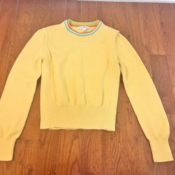 Tommy Hilfiger Women Yellow Striped Collar Sweater M Made in Japan Spring Cozy - Picture 1 of 10